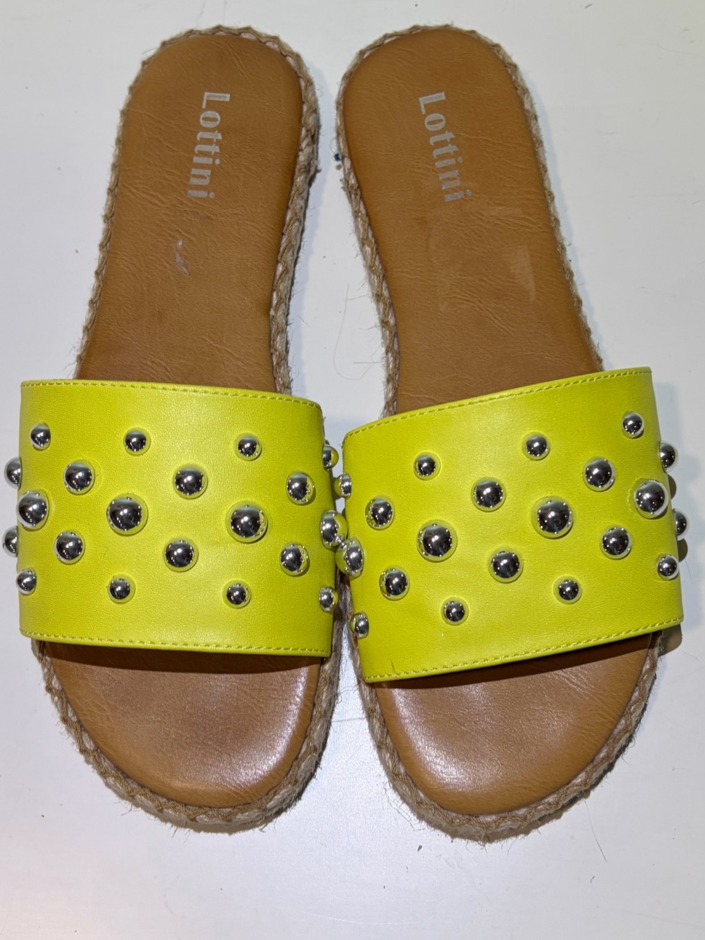 Like New Neon Yellow Silver Studded Slide Sandals by Lottini.  Size 9